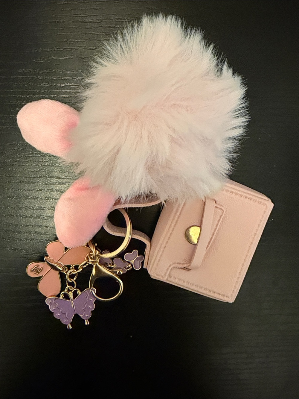 Inspired Plush Pink Faux Fur Pom Keychain with Butterfly Charms